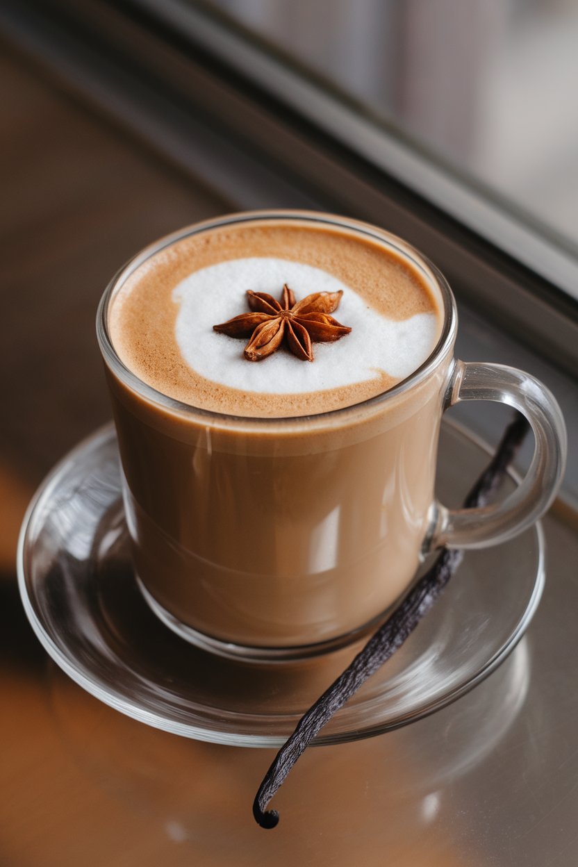 Indoor scene with a glass mug of creamy latte and a single star anise floating on foam, vanilla bean pod resting beside saucer. No text or logos. Photo only.