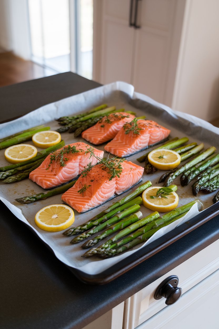 A parchment-lined baking sheet on an indoor kitchen island holding cooked salmon fillets and bright green asparagus spears, all glistening with lemon slices and herbs. No text or logos.