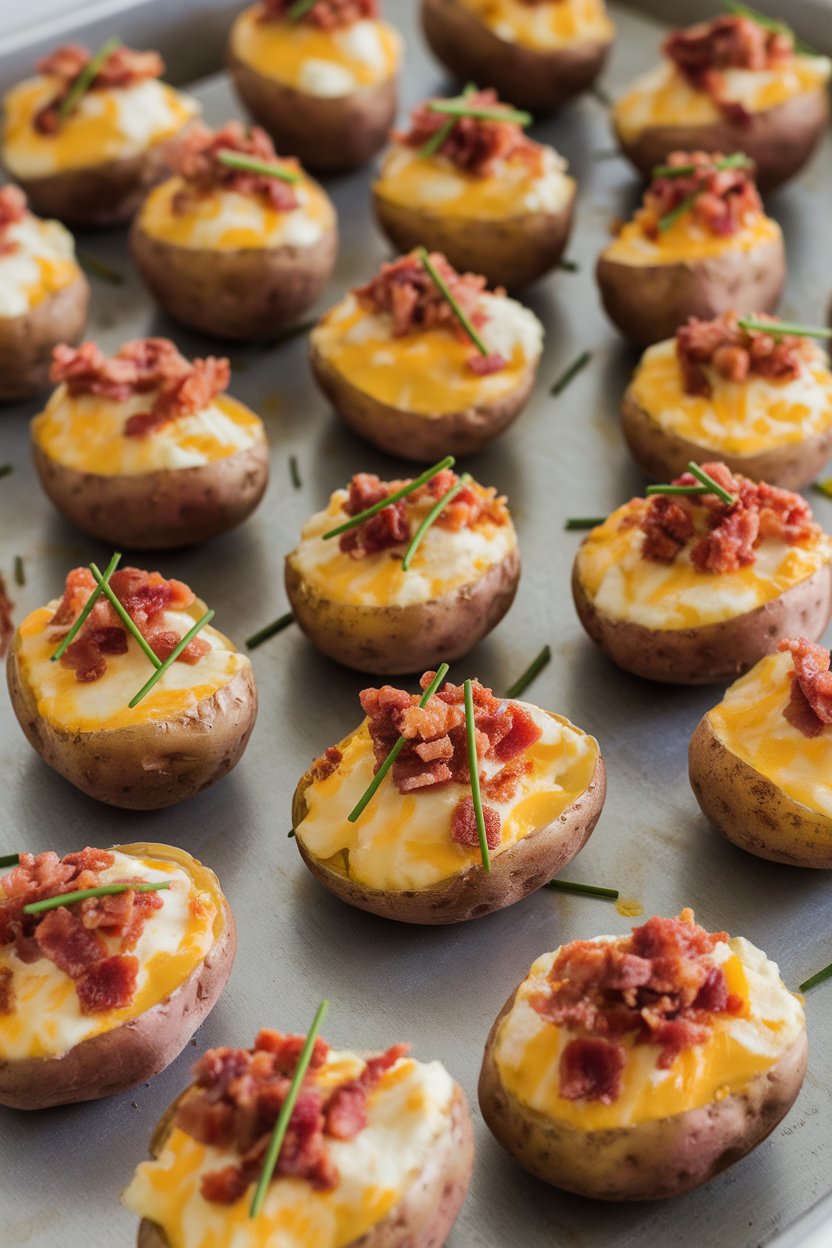 Halved baby potatoes with piped cheesy filling, bacon crumbles, and chives on an indoor baking sheet. No text or logos. Photo.