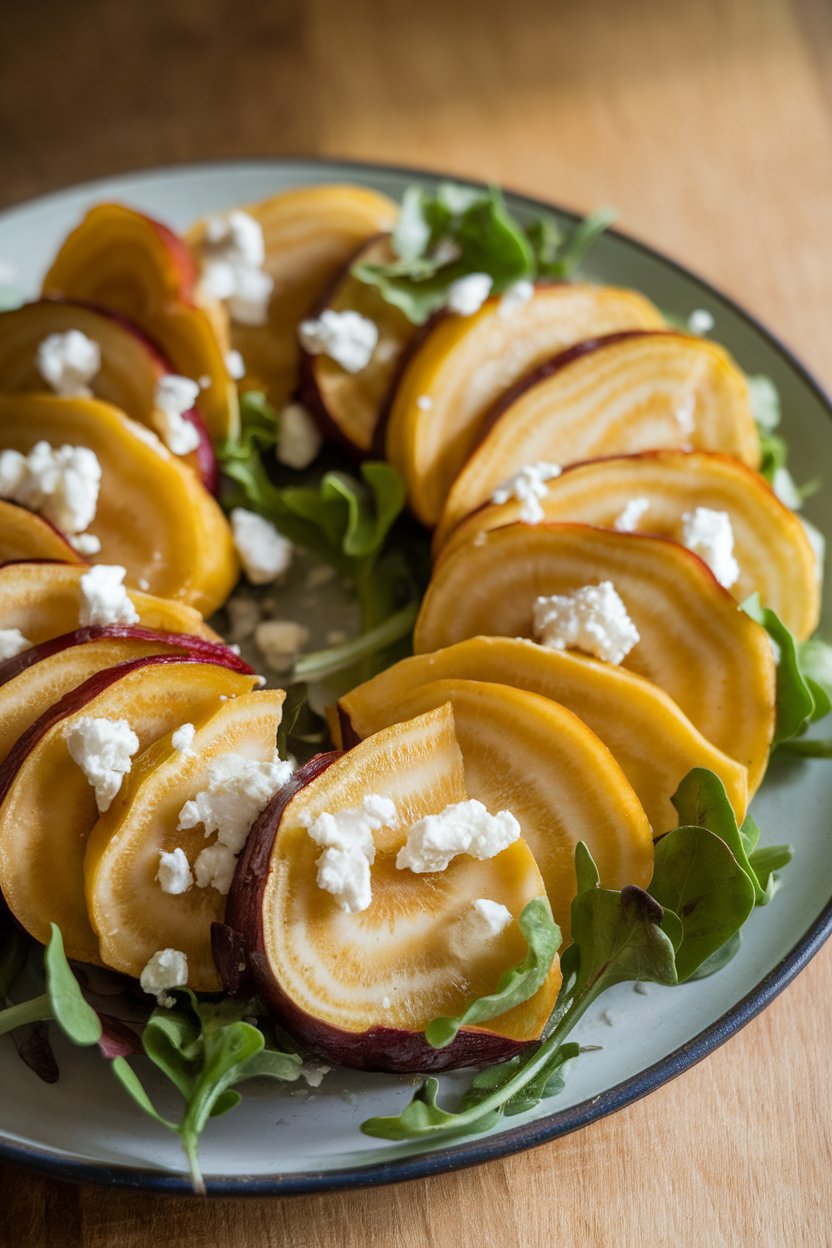 Indoor photo of sliced roasted golden beets arranged with crumbled goat cheese and baby greens on a plate, drizzle of vinaigrette visible. No text or logos.