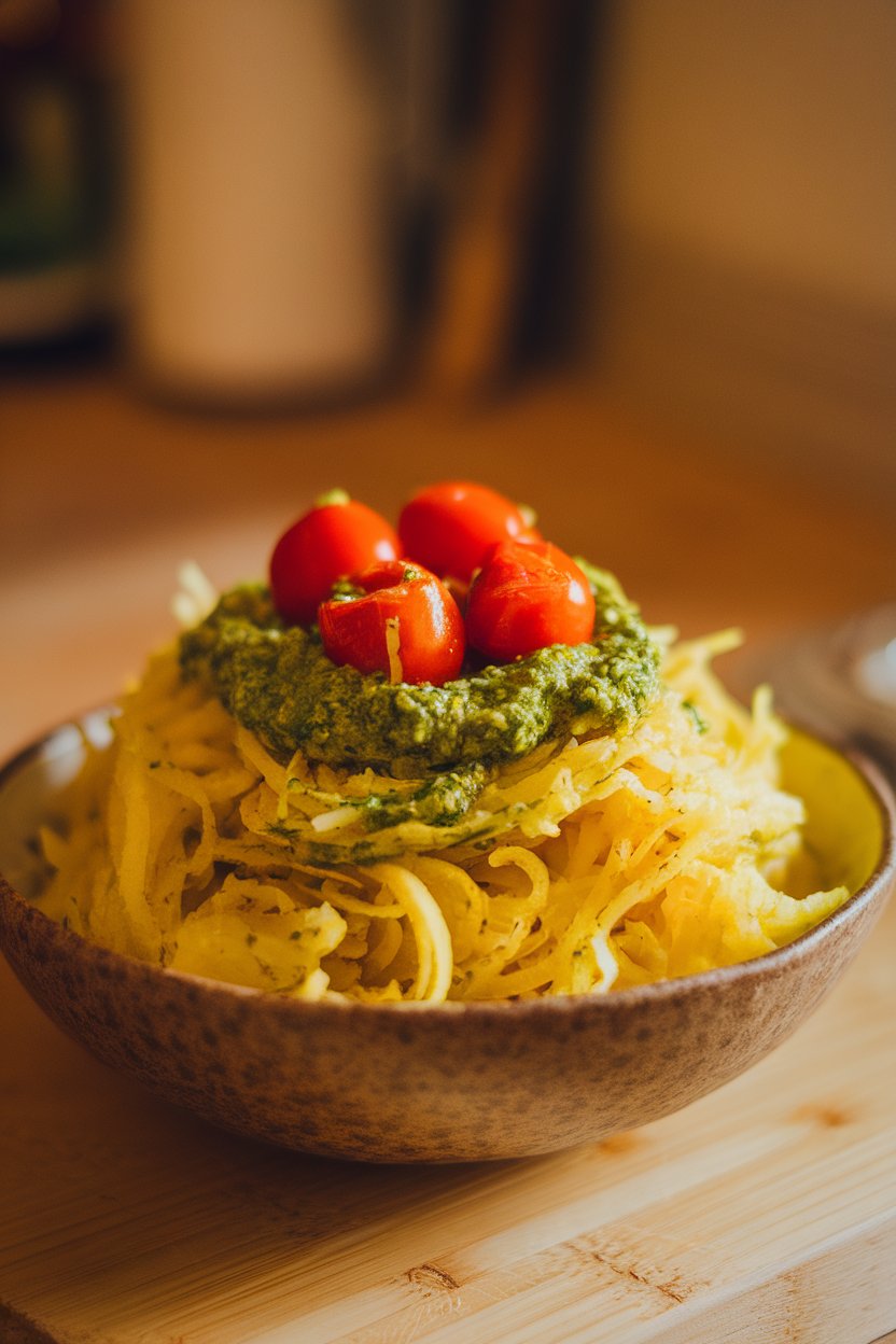 A bowl indoors of cooked spaghetti squash strands tossed in bright green pesto, cherry tomatoes on top; no text or logos, photo only