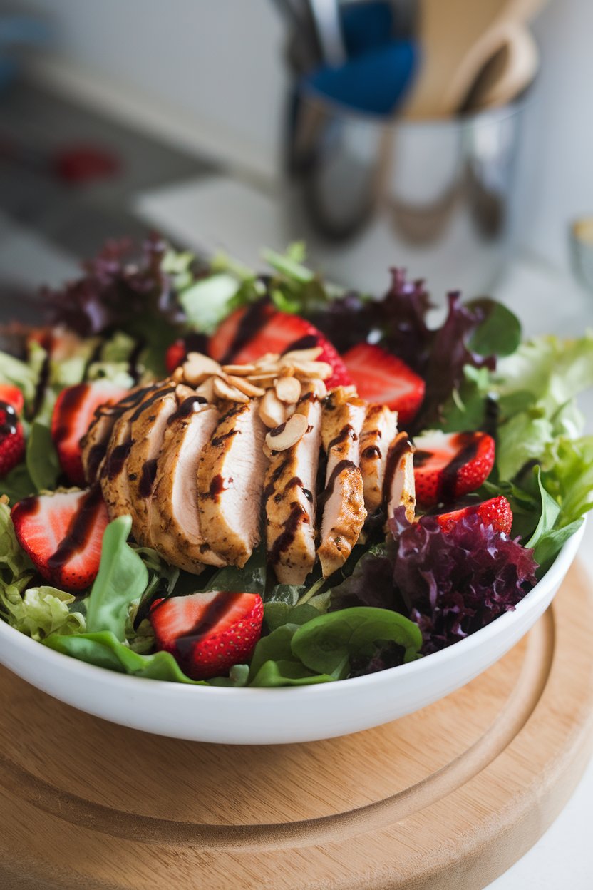 An indoor salad bowl brimming with mixed greens, sliced grilled chicken, fresh strawberries, and balsamic drizzle. No branding or text. Photo.