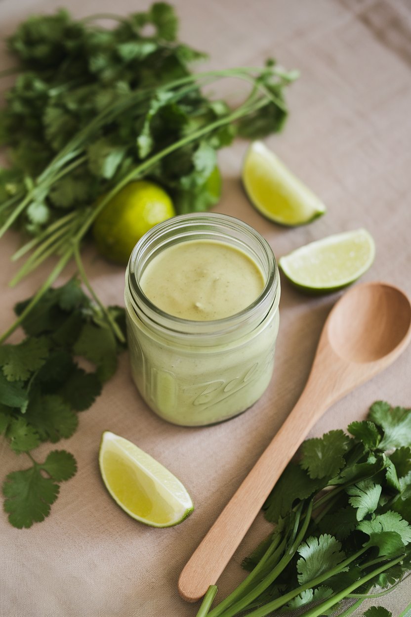 An indoor tabletop scene with a mason jar of pale green avocado dressing surrounded by cilantro sprigs and lime wedges. Photo, not illustration. No text or logos.