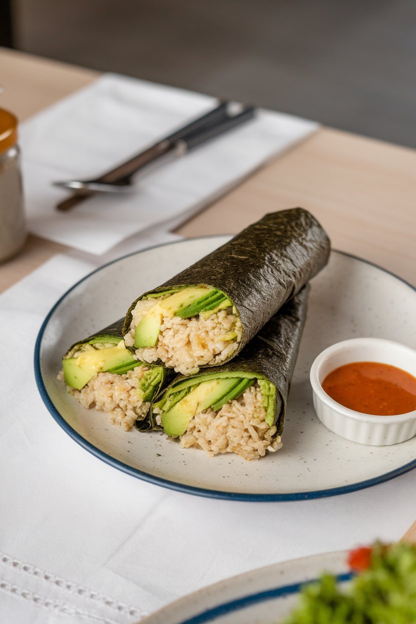 Indoor table displaying a wrap lined with nori and filled with cauliflower rice, avocado, and cucumber, rolled tight and sliced. No text or logos.