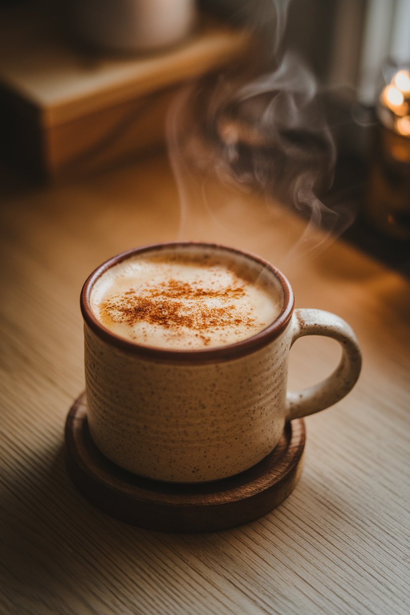 Cozy indoor evening photo of a ceramic mug filled with steaming golden milk topped with a light dusting of cinnamon, sitting on a wooden coaster. No text or logos anywhere.