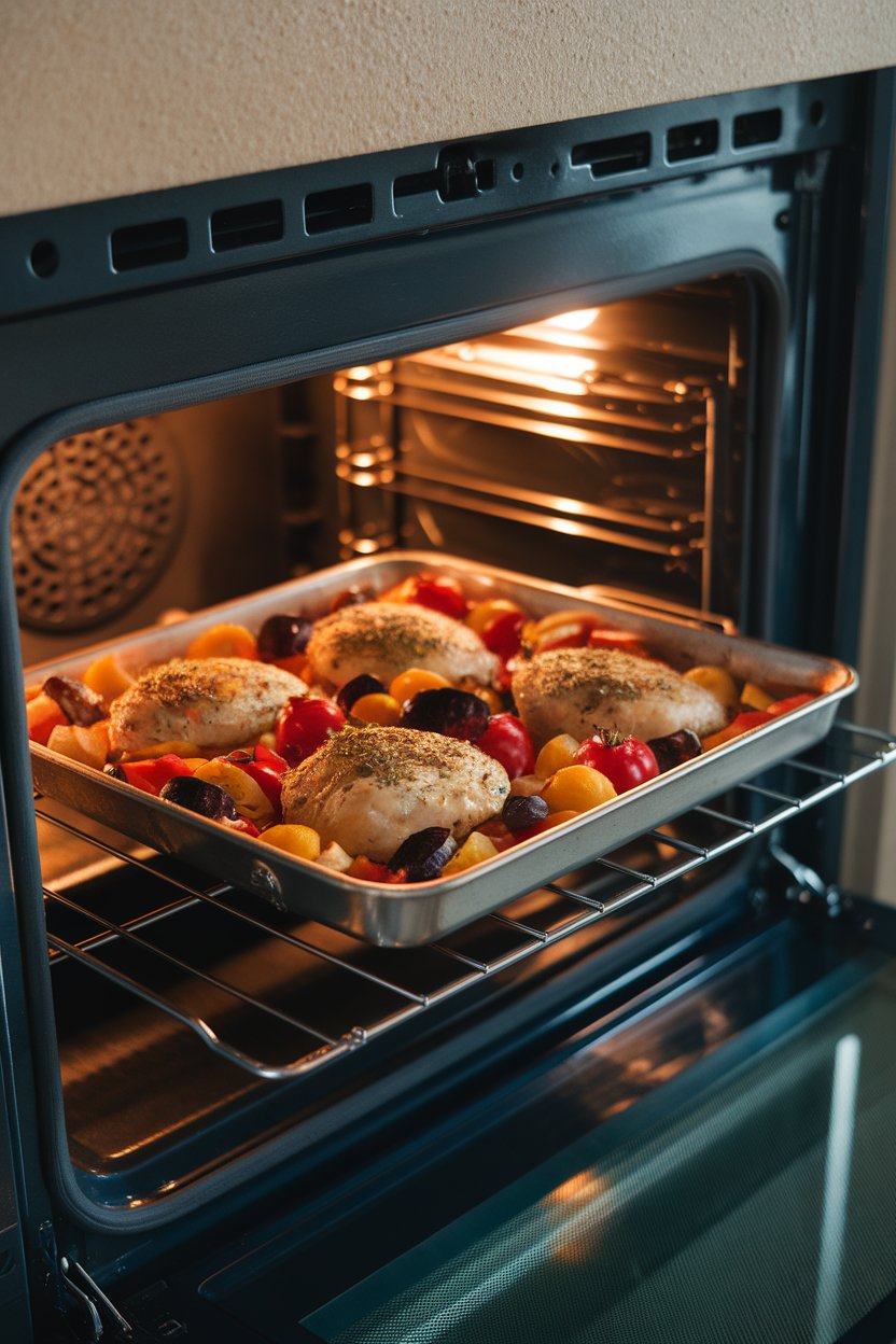 Indoor oven-door-open photo showing a sheet pan of roasted vegetables and chicken breasts, no brand names or text.