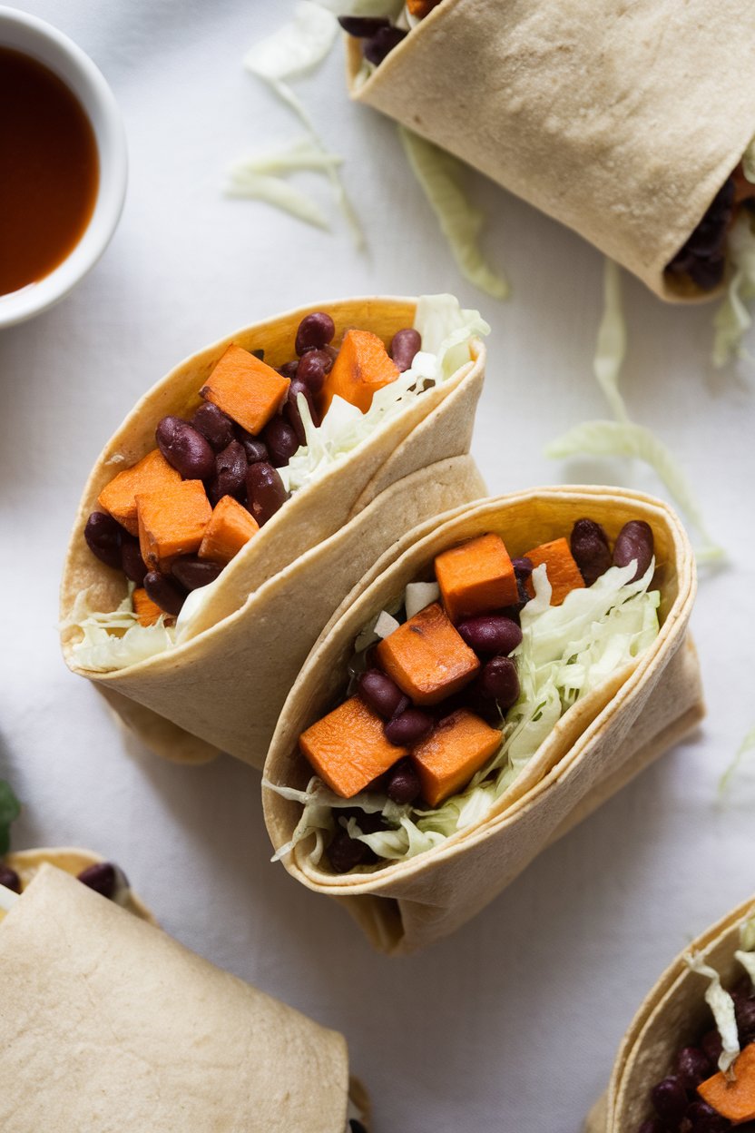 Indoor tabletop showing corn tortillas filled with roasted sweet potato cubes, black beans, and shredded cabbage. No visible branding.