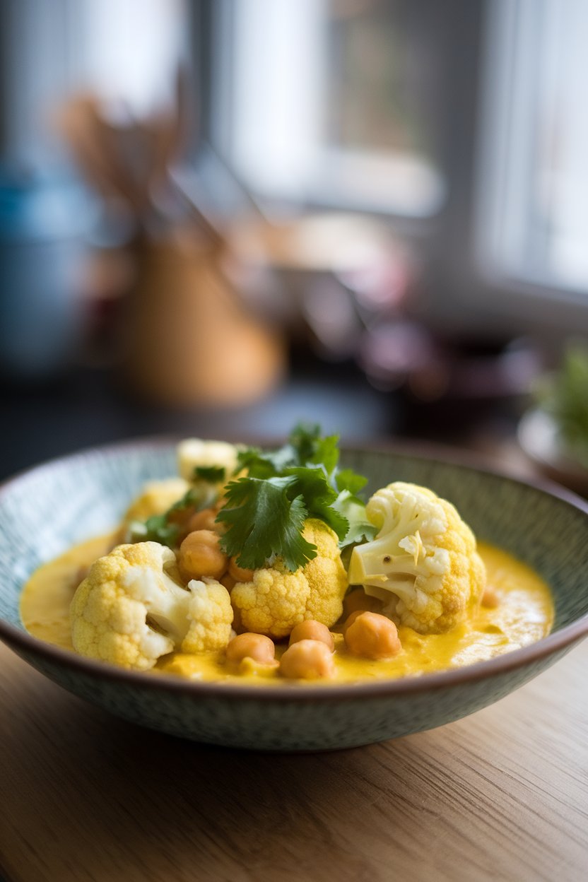 A shallow bowl indoors containing yellow coconut curry with cauliflower florets and chickpeas, garnished with cilantro; no text or logos.