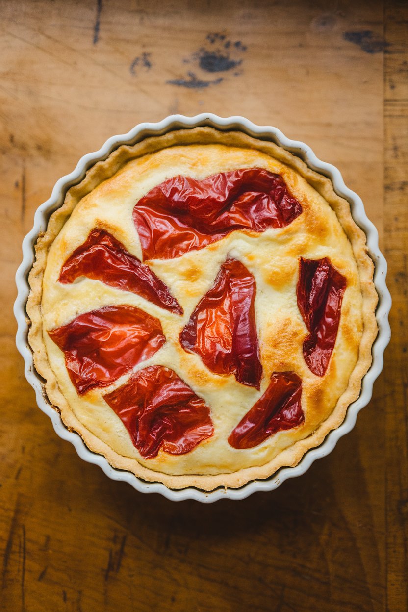 Overhead indoor image of a quiche featuring vivid chunks of roasted red pepper against creamy filling, no text or logos.