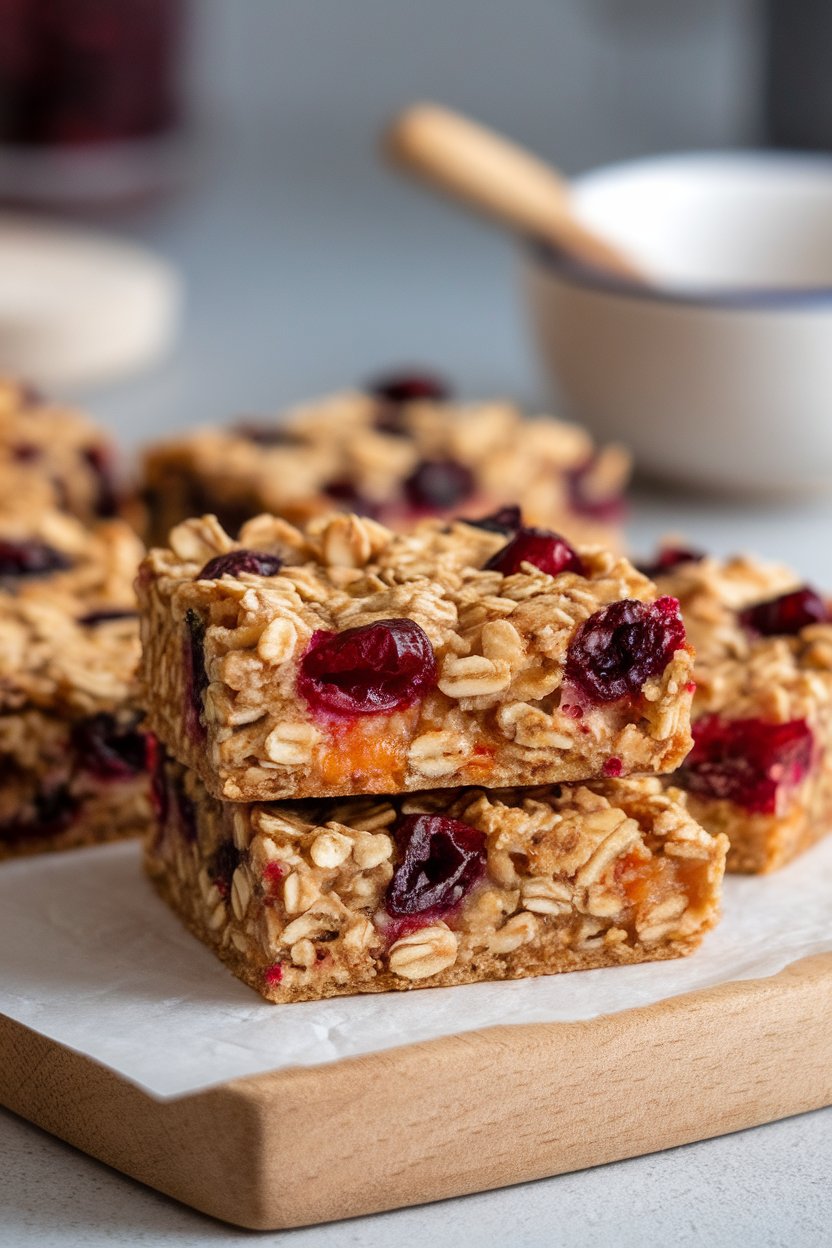 Photo of indoor cutting board holding square cranberry-orange oatmeal bars, cranberries poking through golden oats, no text or logos.