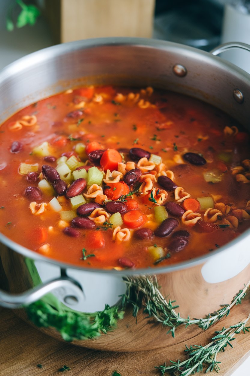 A soup pot indoors filled with tomato broth, diced vegetables, kidney beans, and small whole-wheat pasta shapes; no text or logos; photo.
