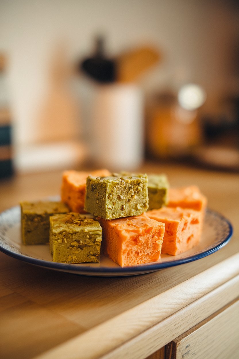 Indoor plate with small squares of green pistachio and orange apricot pressed treats. No text or logos.