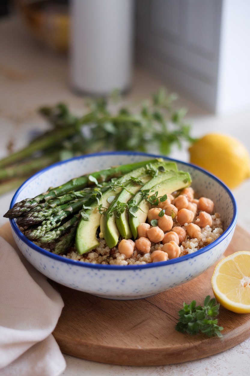 Indoor bowl featuring quinoa, roasted asparagus, avocado fan, chickpeas, and a drizzle of green herb dressing; soft natural light; photo, no text or logos.