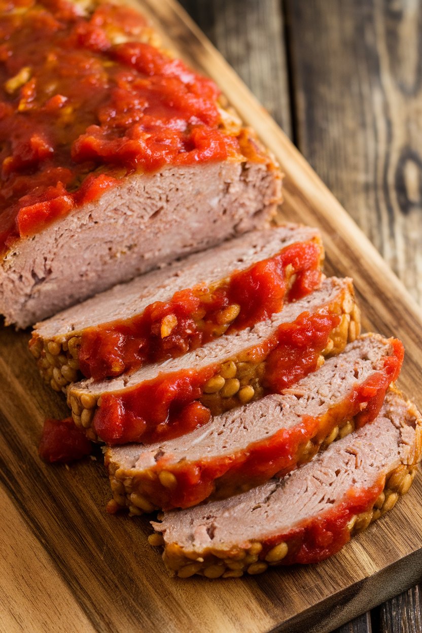 Indoor cutting board with sliced turkey-lentil meatloaf topped by a light tomato glaze. No text or logos; photo.