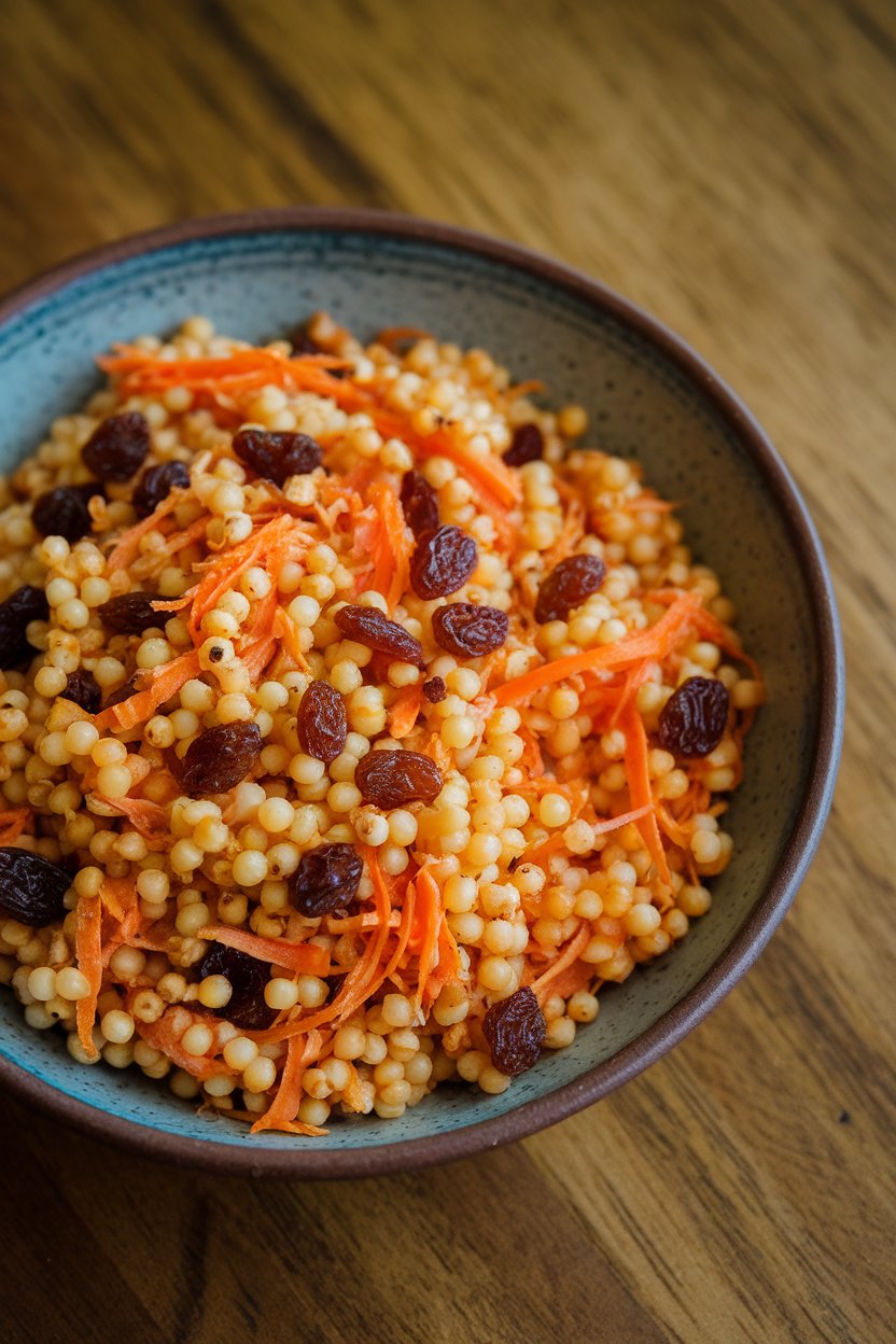 An indoor tabletop with pearl couscous, shredded carrot, raisins, and warm spices in a bowl; no text or logos.