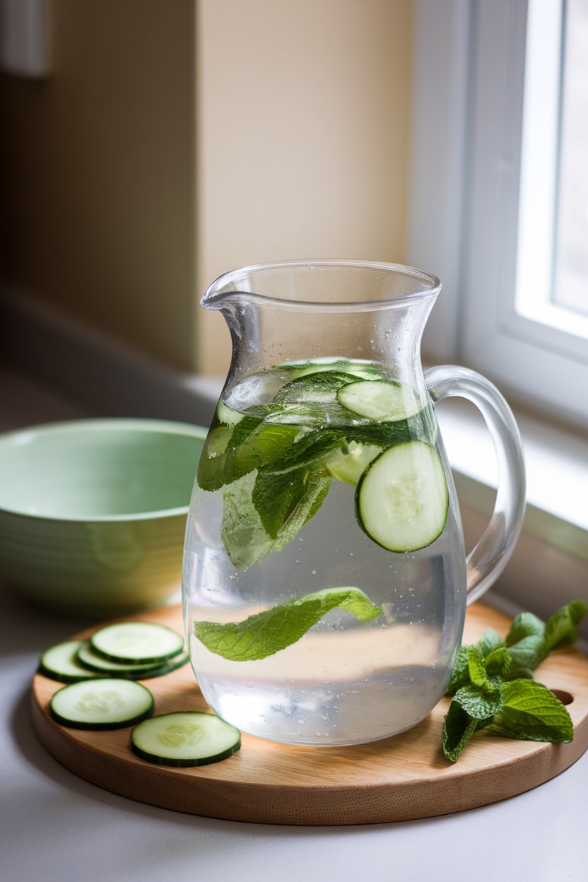 A photo of a clear pitcher on an indoor countertop, filled with cold water, thin cucumber rounds, and fresh mint leaves drifting near the surface; soft daylight from a nearby window, no text or logos.