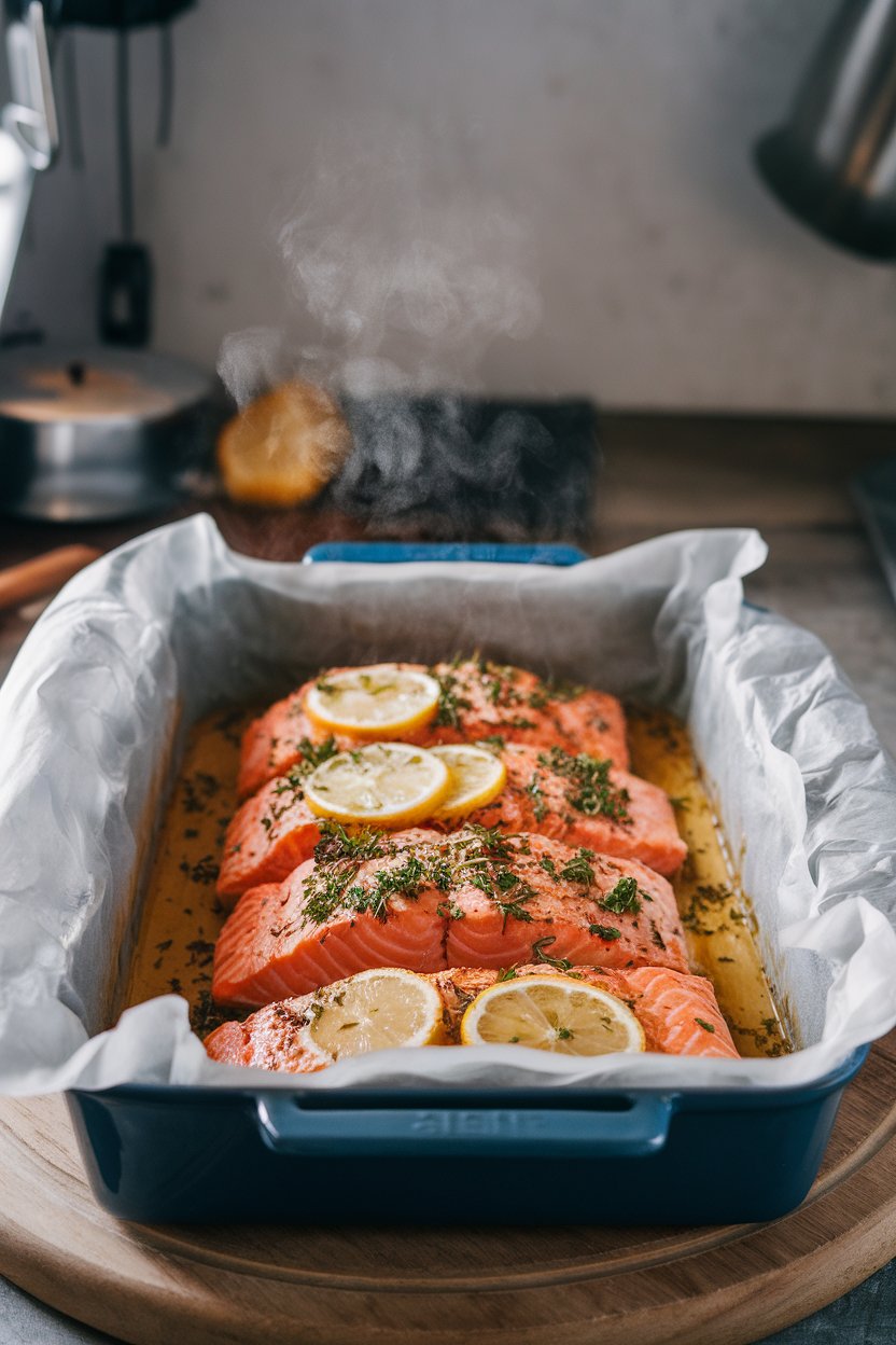 Photo — A parchment-lined baking dish indoors showing cooked salmon fillets topped with herbs and lemon slices, steam rising gently. No text or logos visible.
