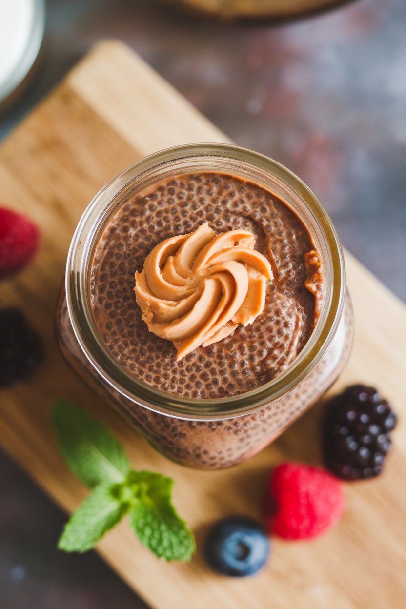 Indoor photo of a glass jar of chocolate chia pudding with a peanut butter swirl on top, overhead angle, no text or logos