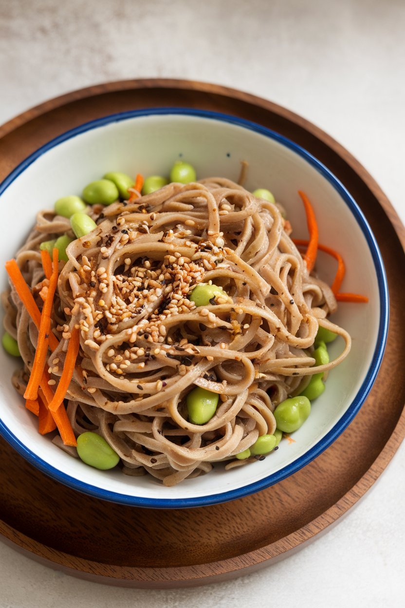 An indoor bowl of soba noodles tossed with edamame, shredded carrots, and a sesame soy dressing, sprinkled with sesame seeds. Photo only, no text or logos.