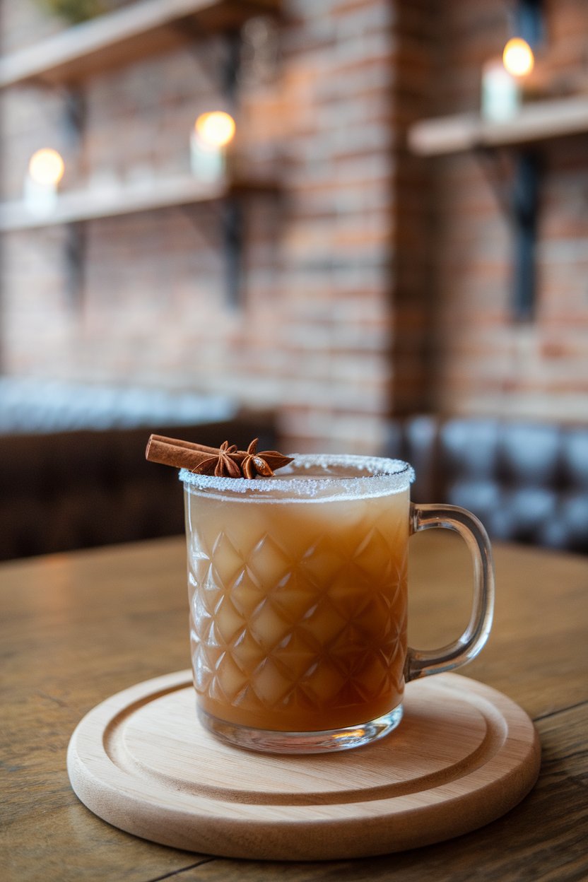Indoor café-style setting, mug-shaped glass of dusky brown margarita with star anise and cinnamon garnish; no text or logos.