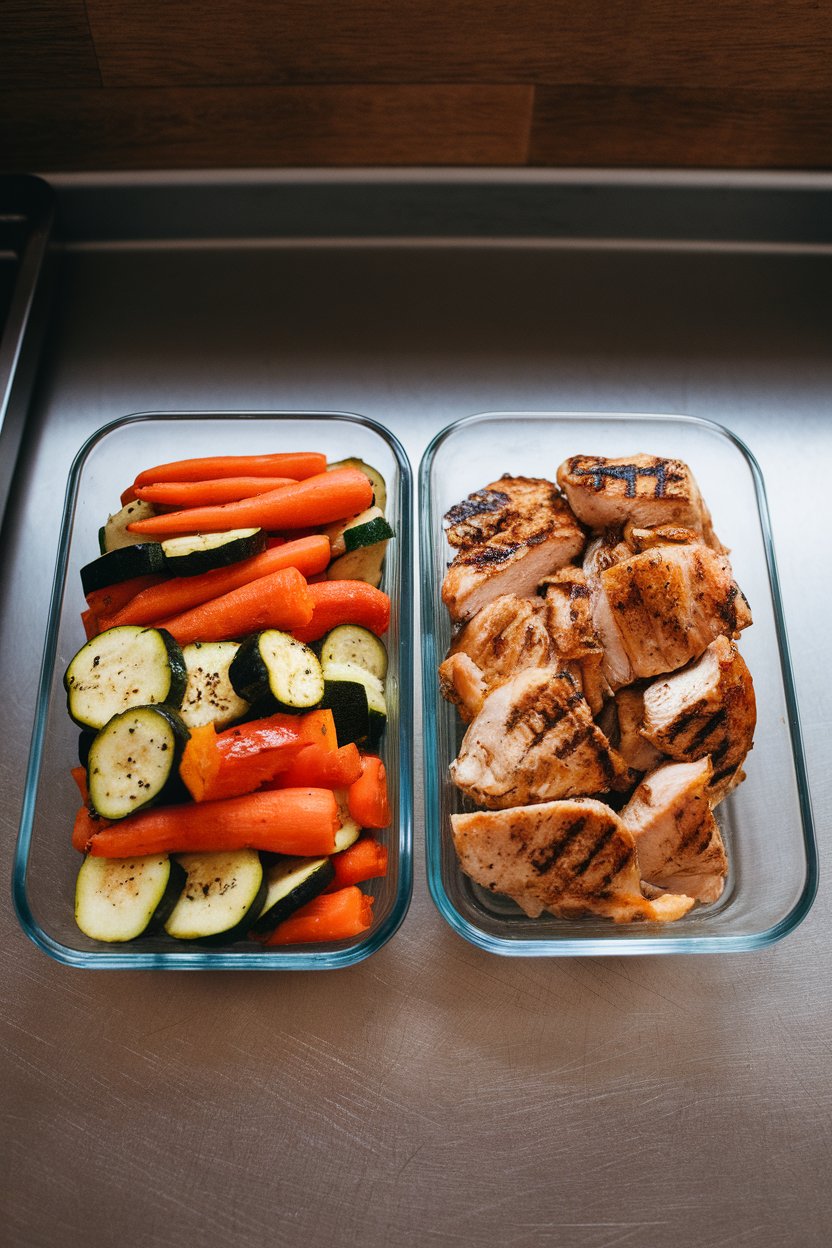 An indoor kitchen counter with twin glass containers: one with roasted vegetables, one with grilled chicken, both neatly portioned; no text or logos. Photo.