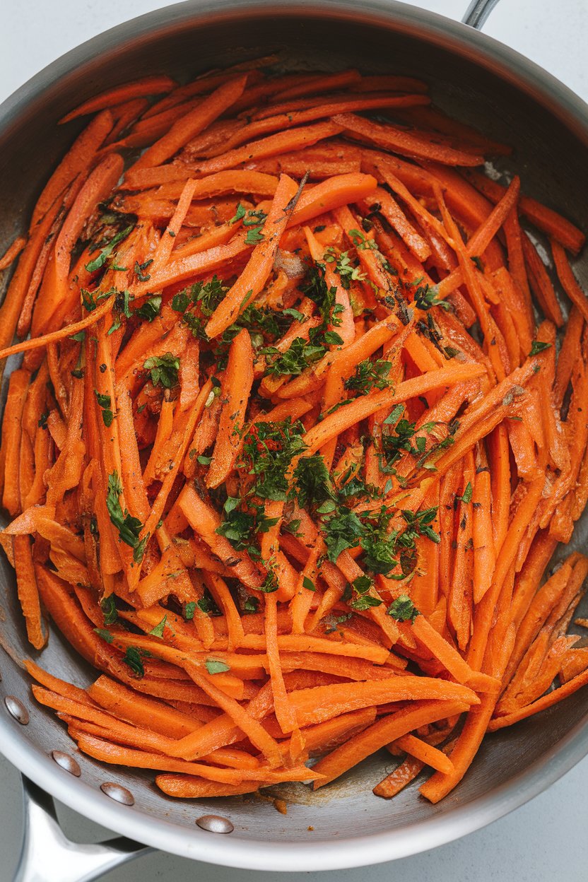 Indoor photo of finely grated carrots cooked with cumin and cinnamon in a sauté pan, garnished with parsley. No text or logos; photo.