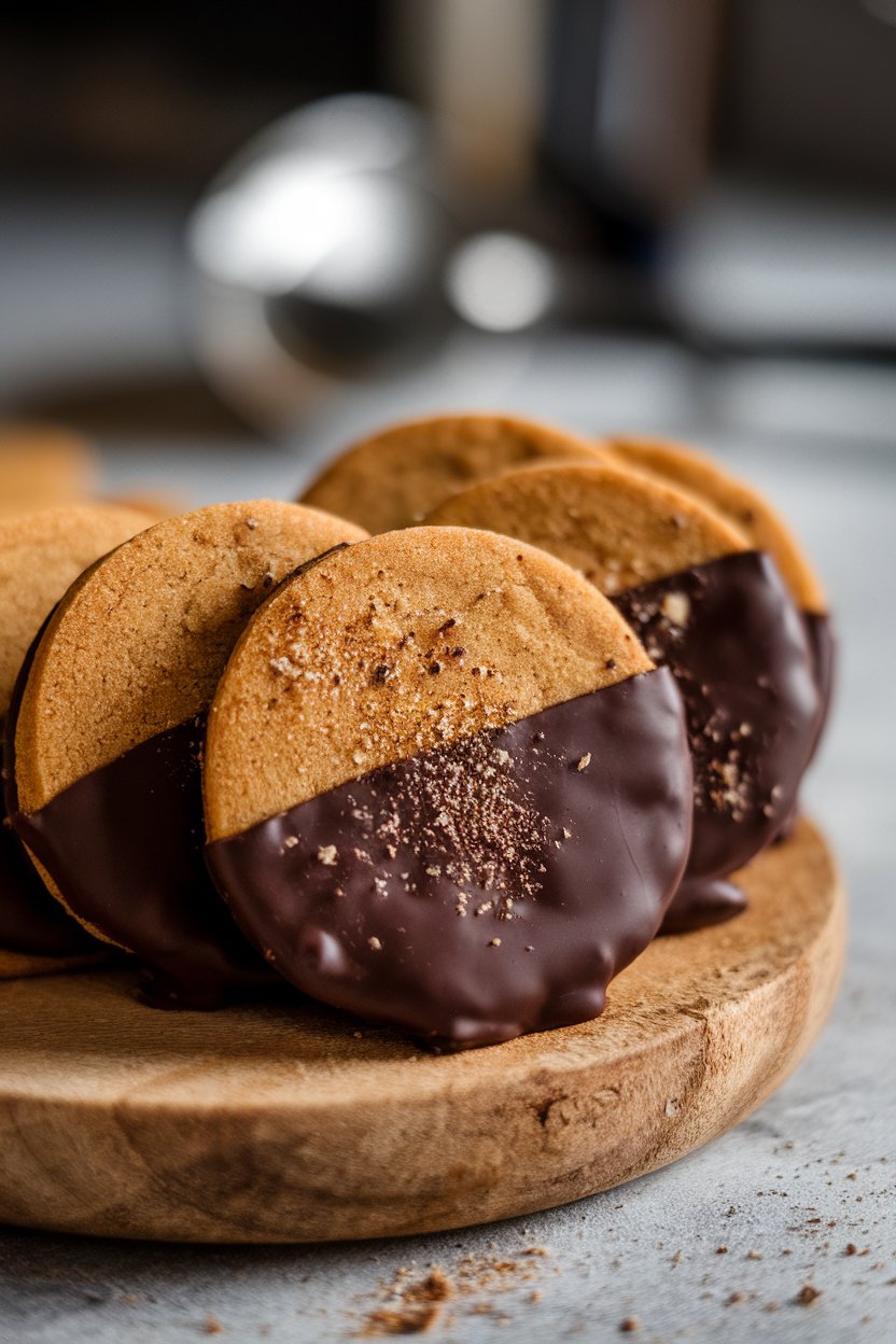 Thin ginger cookies half-dipped in dark chocolate, sprinkle of cracked black pepper on top, indoor soft light. No text or logos.