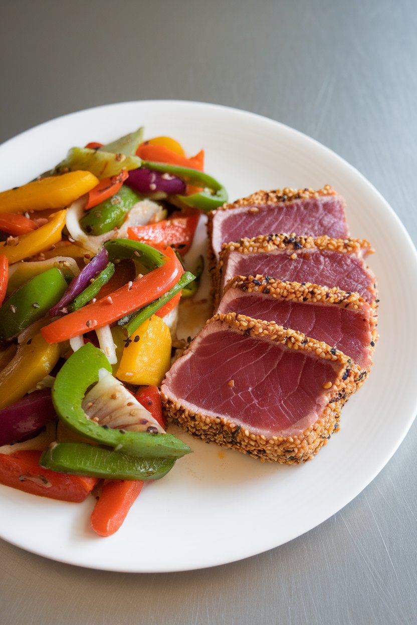 Photo of an indoor plate featuring slices of sesame-crusted seared ahi tuna next to a colorful vegetable stir-fry, no text or logos