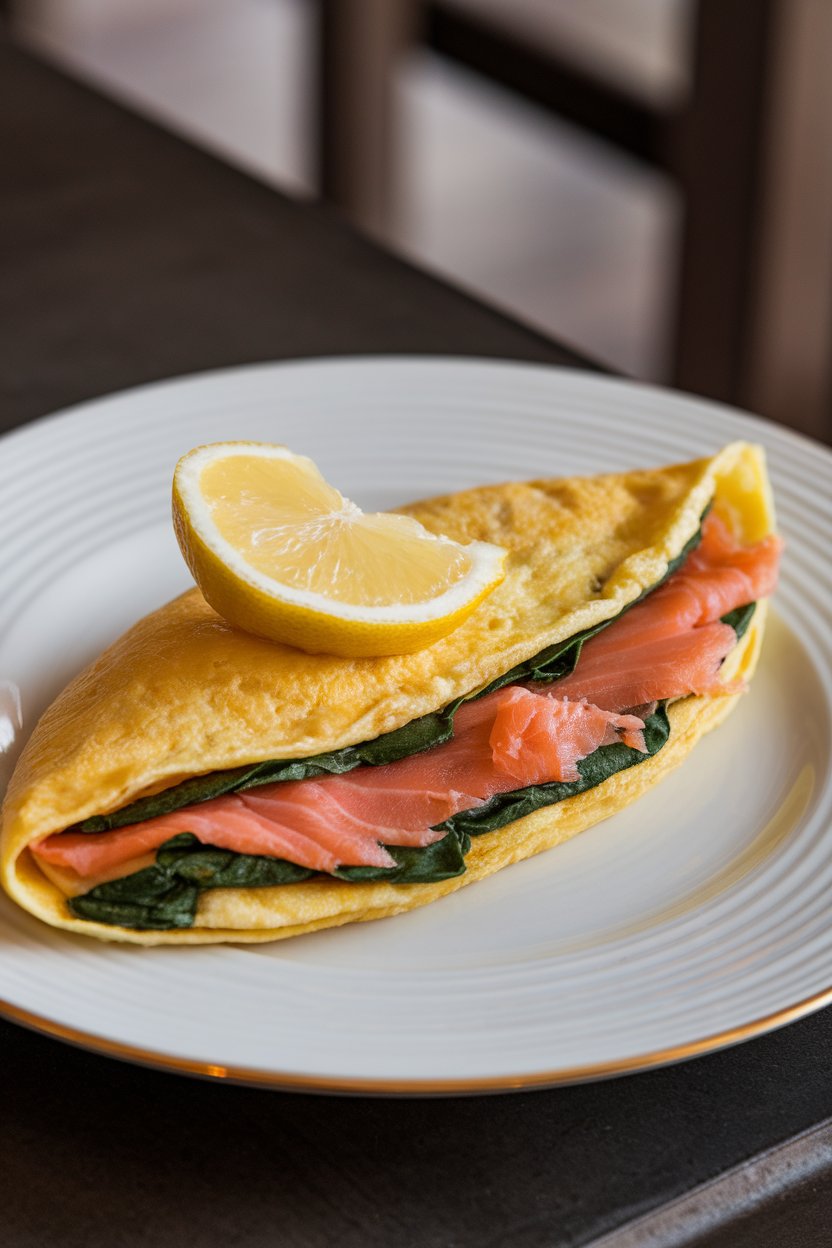 Photo of a folded omelet stuffed with spinach and cooked smoked salmon on a white plate indoors, garnished with lemon wedge. No text or logos.