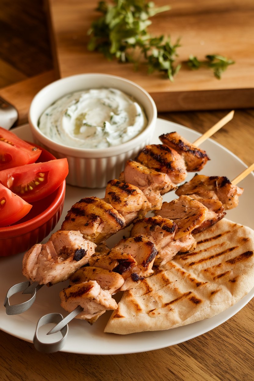 Indoor photo of grilled chicken souvlaki skewers served with tzatziki, tomato wedges, and whole-wheat pita, no text or logos.