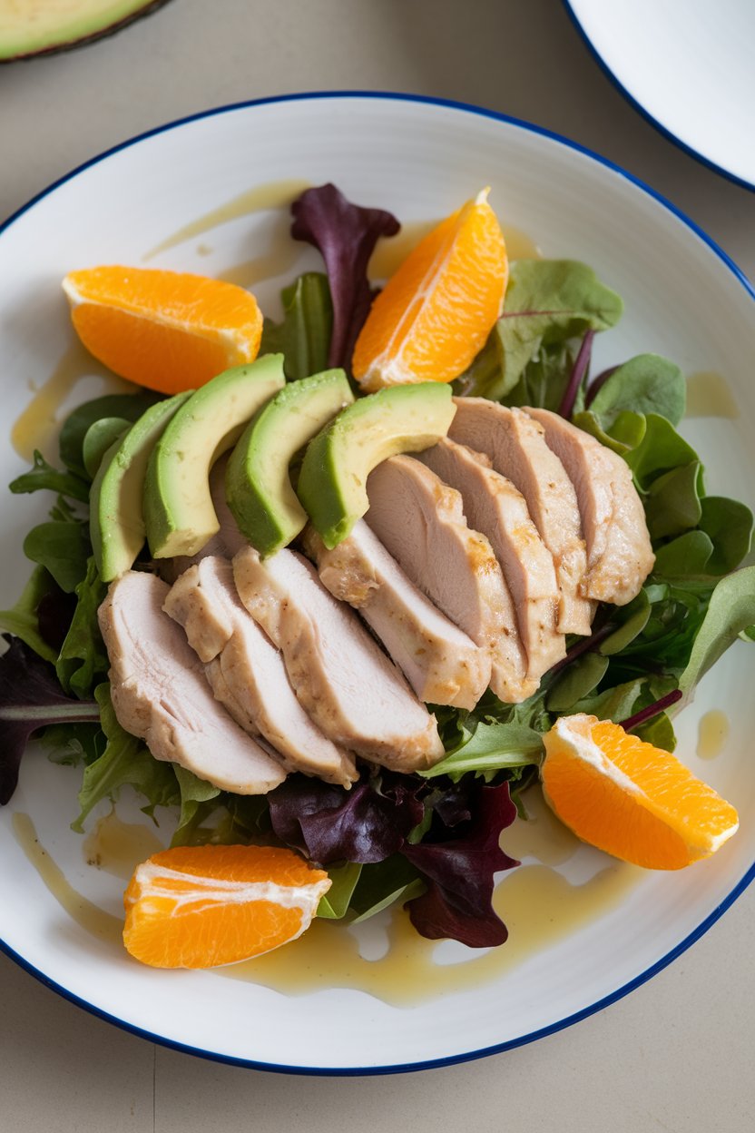 Indoor plate with sliced poached chicken breast on mixed greens, orange segments, and avocado slices, light vinaigrette drizzled. No text or logos visible.