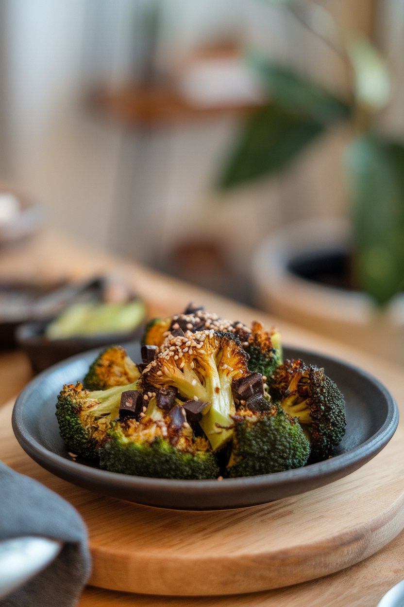 A photo of a dark ceramic plate indoors displaying roasted broccoli florets tossed with chopped black garlic pieces. No logos or text.