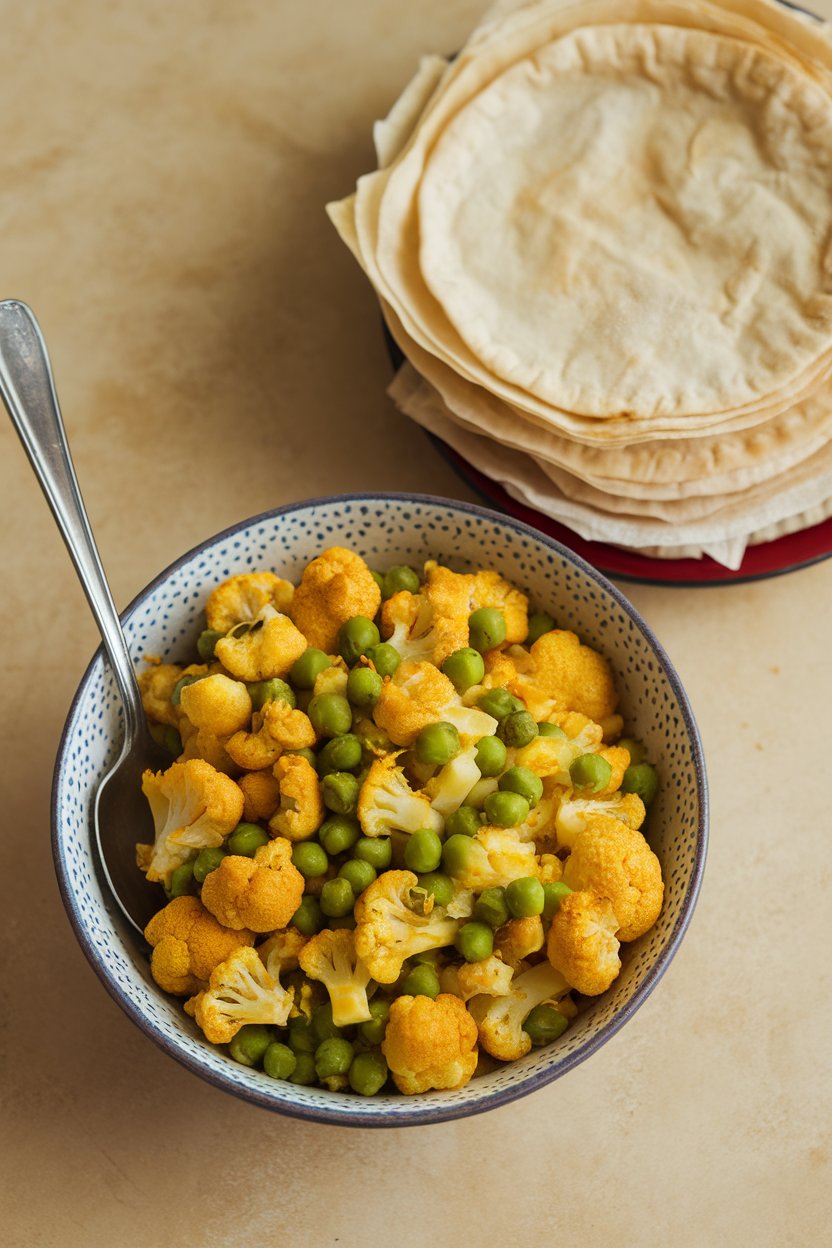 Indoor tabletop with a bowl of golden curried cauliflower and pea filling, spoon resting inside, stack of phyllo wrappers nearby. No text or logos.