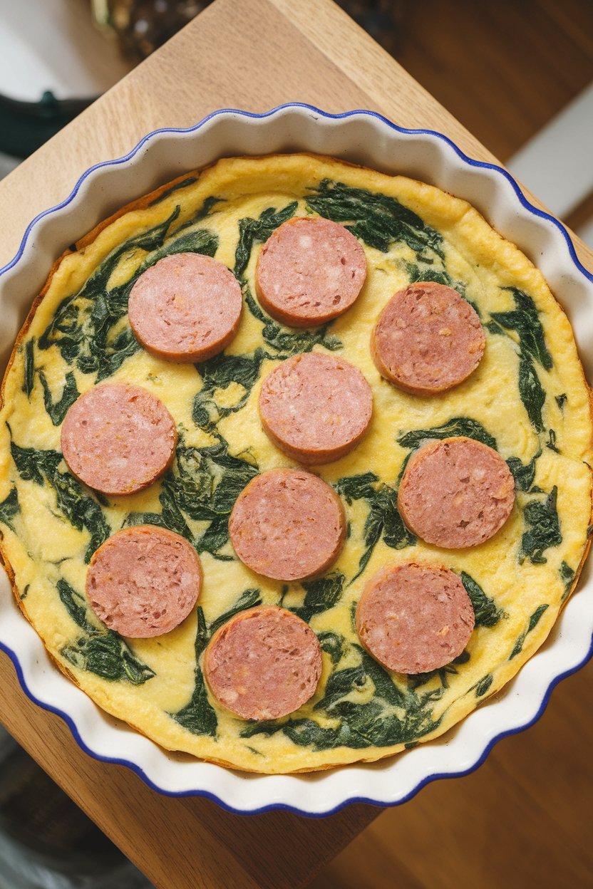 A ceramic indoor pie dish holding a golden frittata studded with slices of turkey sausage and bright green spinach; overhead view, no logos.