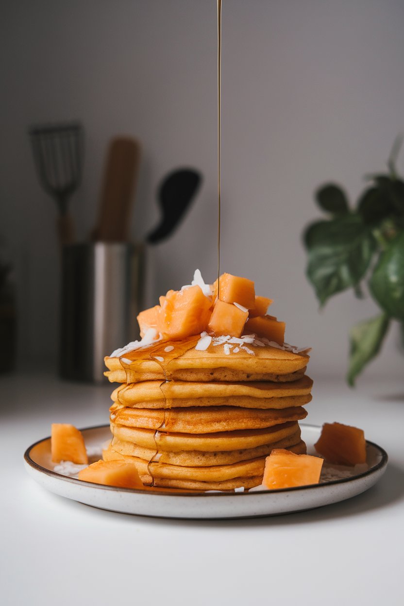 Indoor shot of orange-hued pancakes with papaya cubes and coconut flakes atop; photo only.