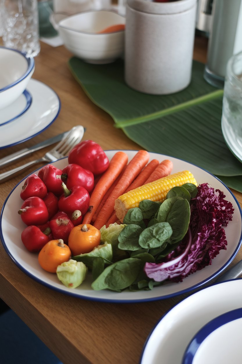 Indoor dining table photo of a plate featuring red peppers, orange carrots, yellow corn, green spinach, blue-purple cabbage, no logos.