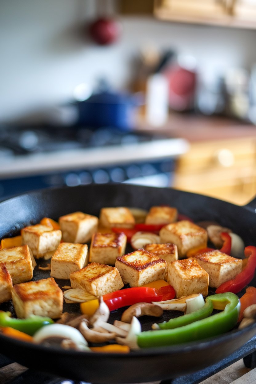 Photo — An indoor skillet filled with sizzling marinated tofu cubes and colorful vegetables. No ambient text or logos.