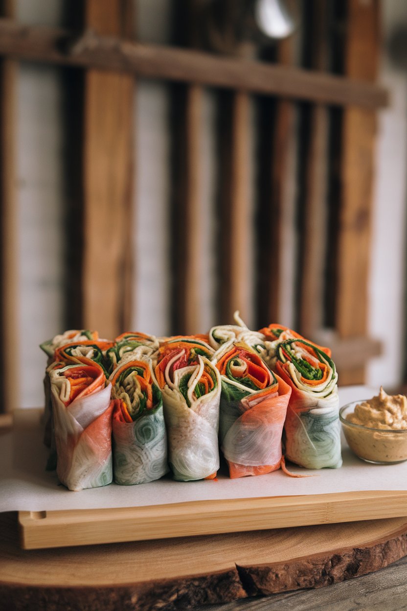 Rice-paper rolls filled with colorful spiralized vegetables, sliced on an indoor board with peanut dip. No text or logos. Photo.