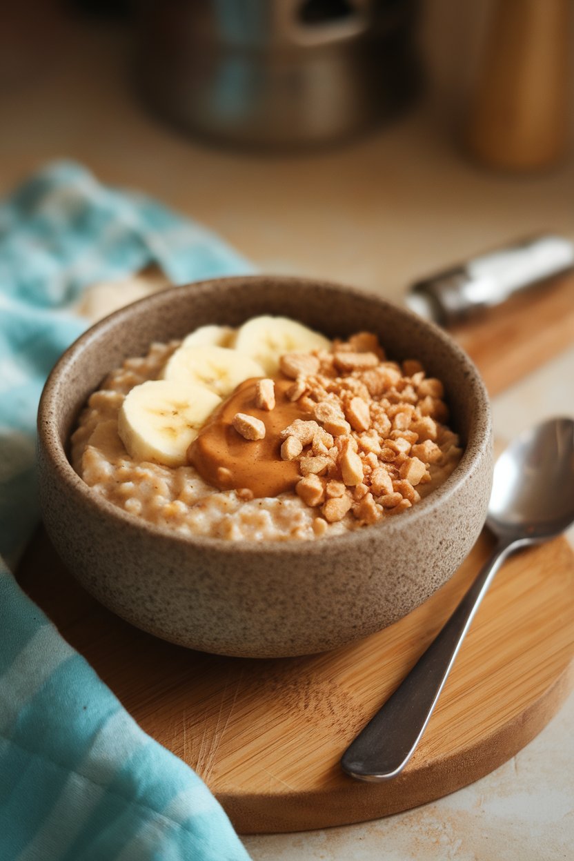 Indoor photo of a stoneware bowl of creamy oatmeal topped with sliced banana, a spoonful of peanut butter, and crushed peanuts, warm light, no text or logos