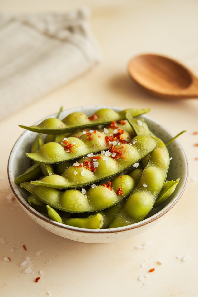 An indoor bowl of steamed edamame pods sprinkled with red chili flakes and coarse sea salt, minimal background; no text or logos; photo