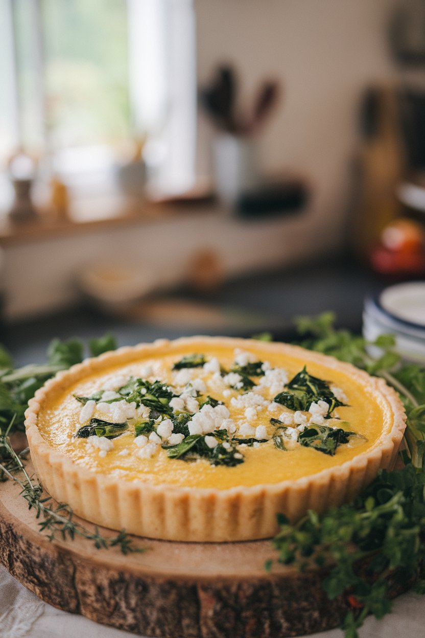 Indoor shot of a bright egg-white quiche featuring chopped greens and feta crumbles, no text or logos.