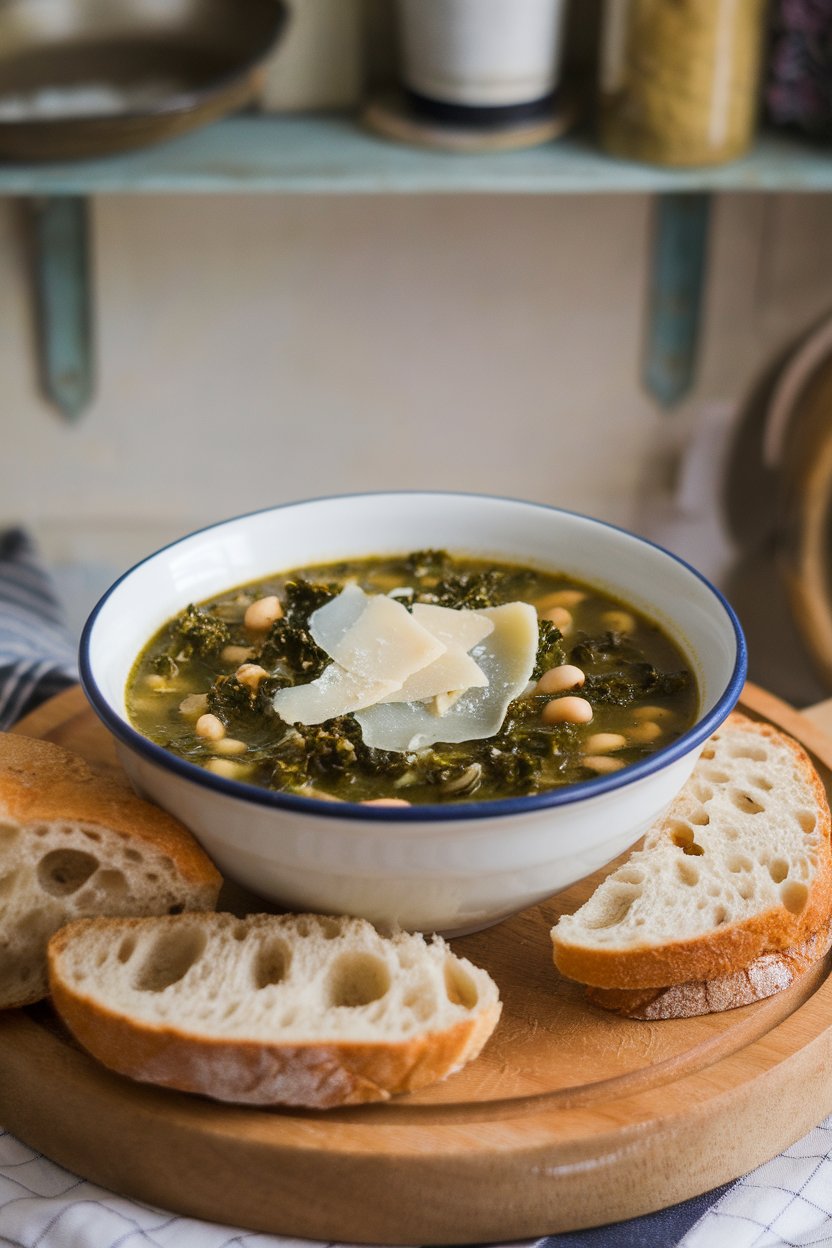Photo of a bowl of green kale and white bean soup with shaved Parmesan on top indoors; no text or logos on dishware.