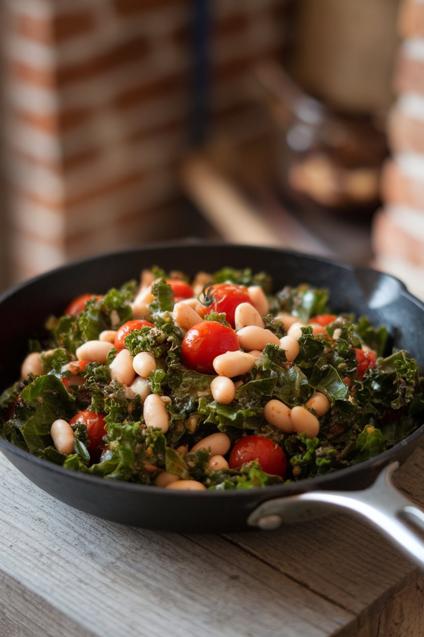Photo of an indoor skillet showing sautéed kale with white beans and cherry tomatoes, lightly sauced; no text or logos