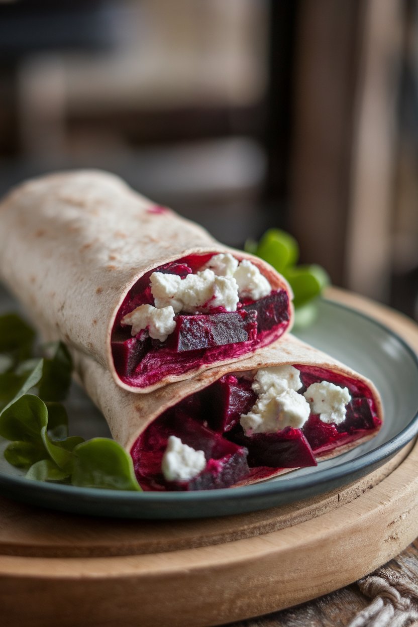 Indoor plate showcasing a beet and goat cheese wrap, vibrant magenta beets contrasting creamy white cheese inside a wheat tortilla. No branding anywhere.