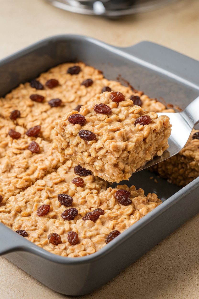 Indoor baking dish photo of golden baked oatmeal cut into neat squares, a spatula lifting one piece, raisins visible. No text or logos.