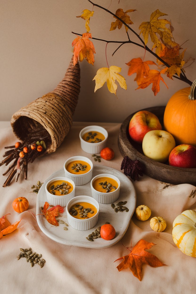An indoor autumn-themed table with small ramekins of orange pumpkin chia custard, topped with a sprinkle of pumpkin seeds. No logos or text.