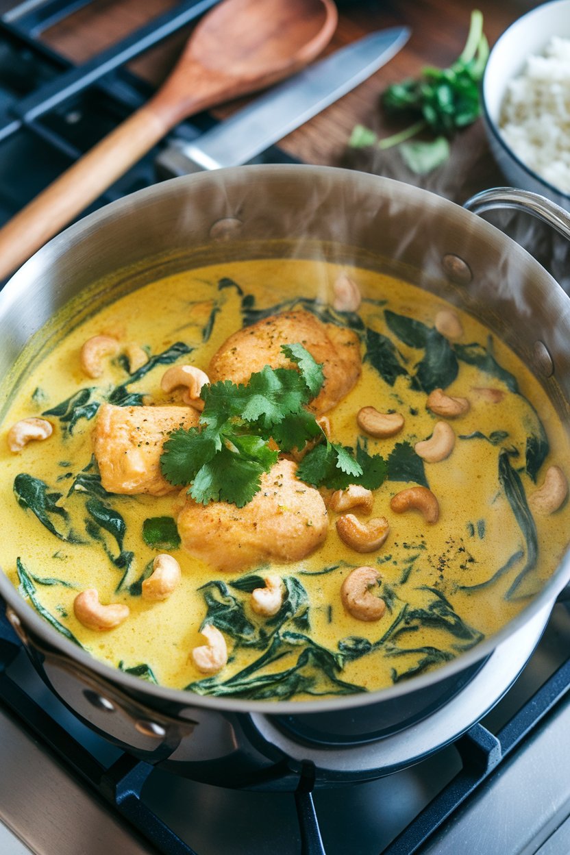 Indoor stovetop pot filled with creamy yellow curry containing chicken breast pieces, cashews, and spinach, steam rising. Photo, no text or logos.