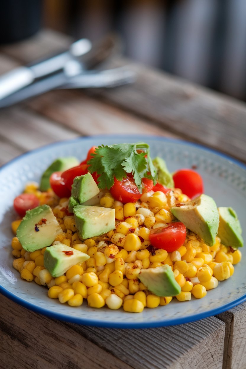 Indoor plate of grilled corn kernels, diced avocado, cherry tomatoes, and cilantro with visible chili flakes. No text or logos.