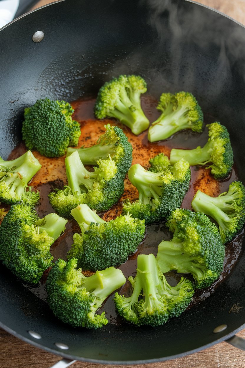 Indoor wok photo of bright green broccoli florets sizzling with light tamari glaze, steam rising. No text or logos on cookware.