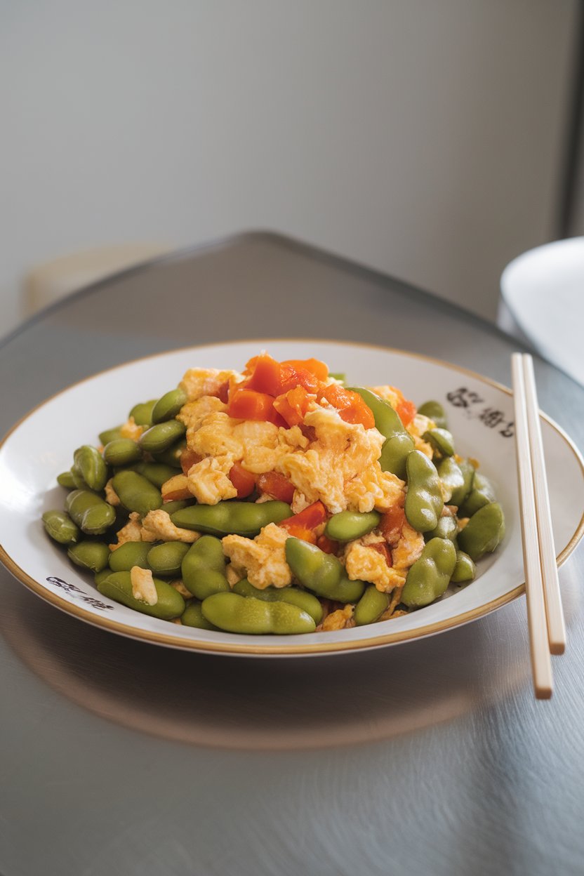 An indoor plate of colorful stir-fried edamame, scrambled eggs, and diced bell peppers; chopsticks resting nearby, no logos.